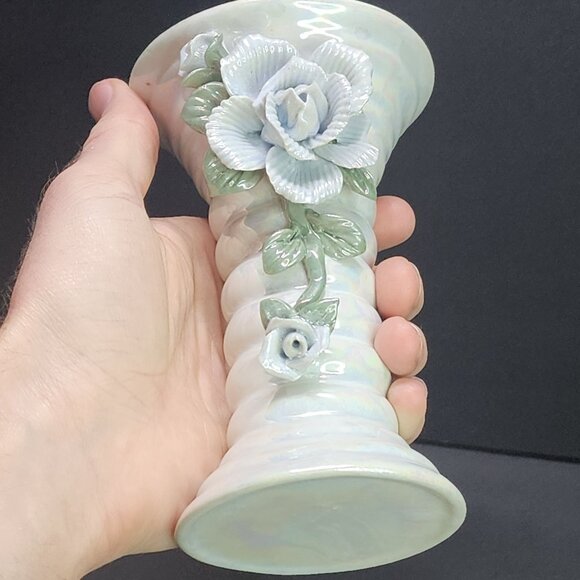 Vintage Iridescent Vase Pedestal Ceramic Glazed with Flower Applied 6'' Tall - Picture 2 of 8
